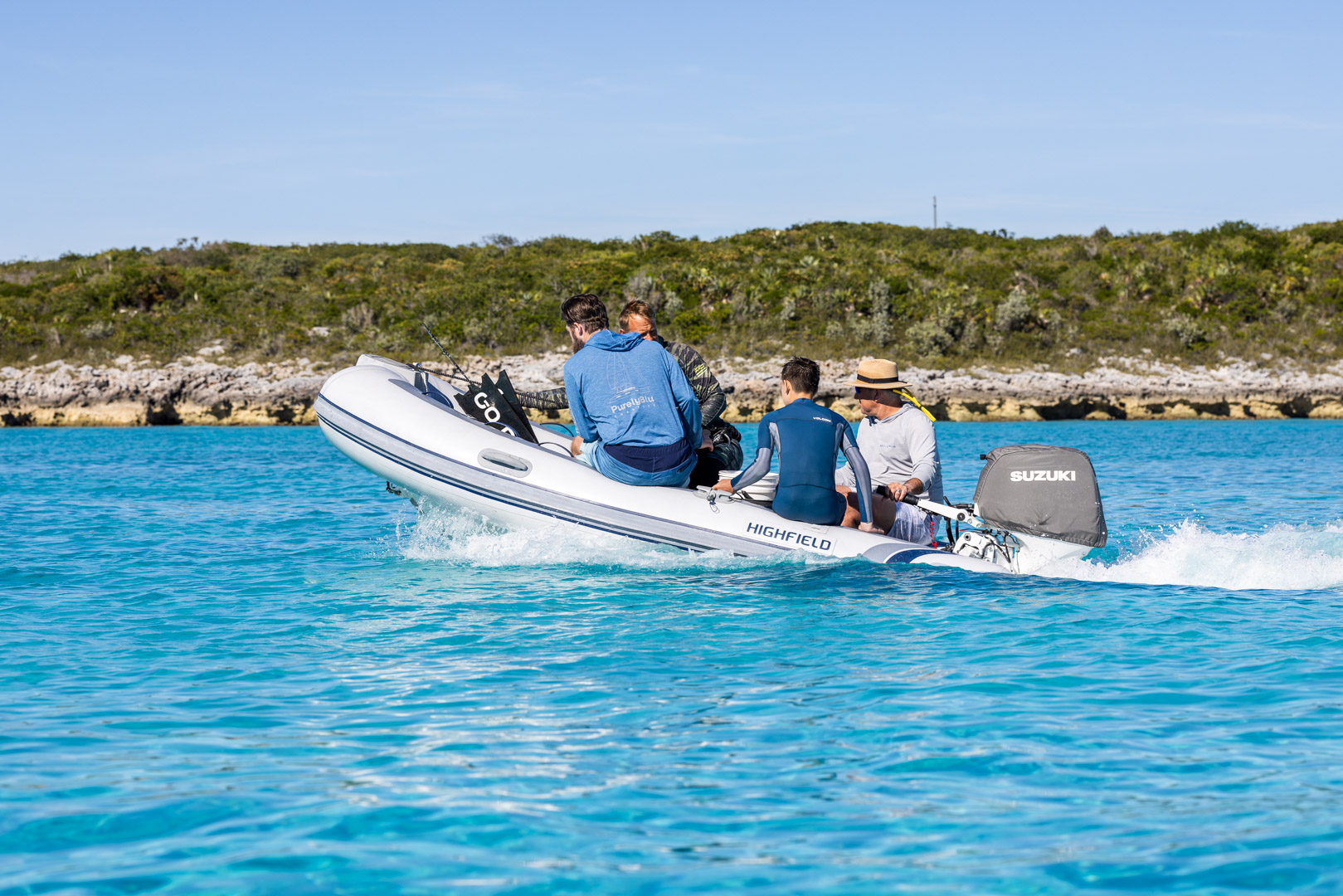 PurelyBlu's Highfield tender running guests to a snorkel spot in the Exumas